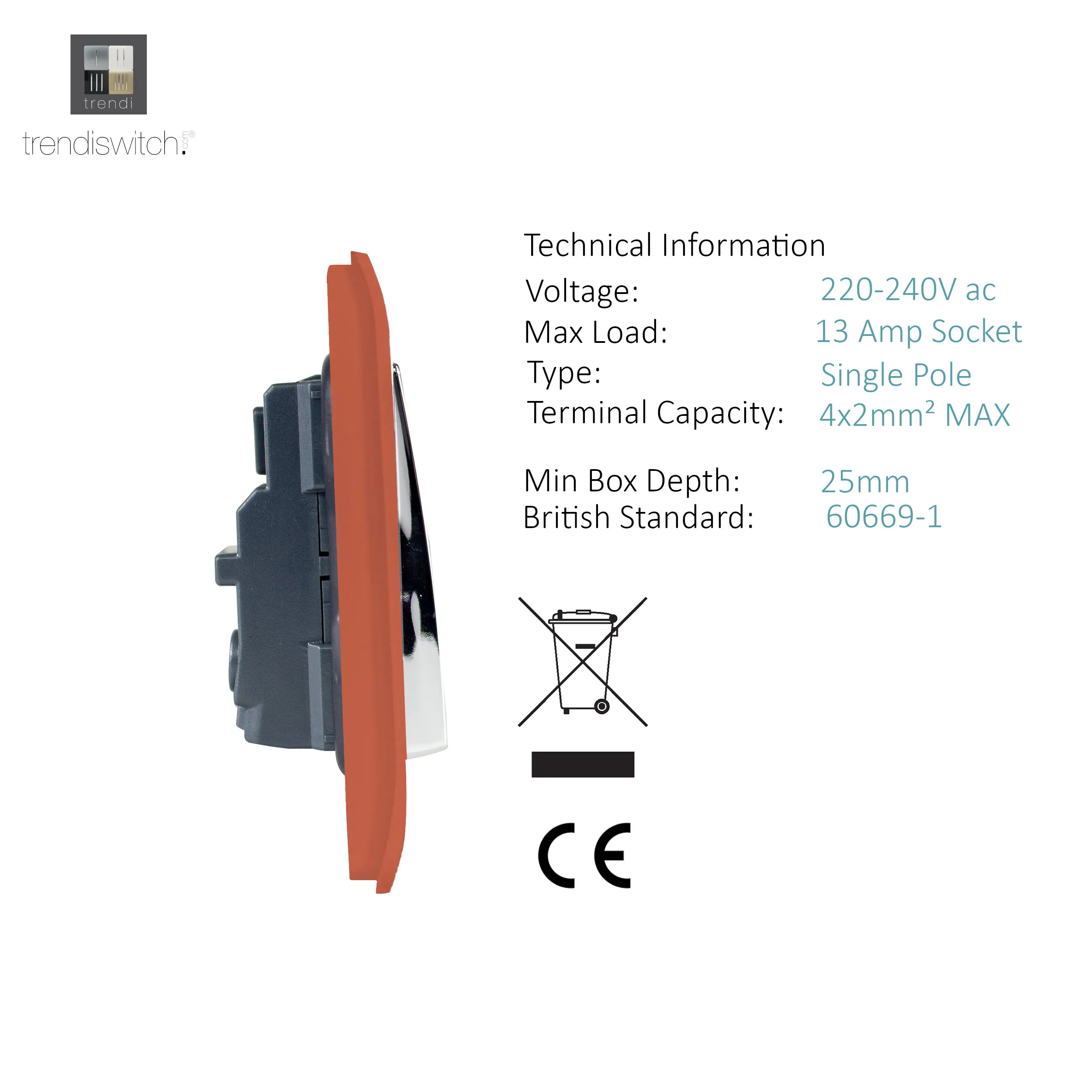2 Gang 13Amp Long Switched Double Socket Copper ART-SKT213LCPR  Trendi Copper